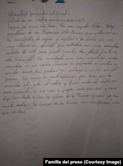 Documento escritor por Yoandris Gutiérrez Vargas, desde la prisión de Las Mangas, en Granma.