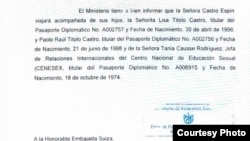 Documento oficial del Minrex pidiendo visado a EEUU para Mariela Castro y su familia. 