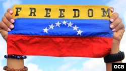 Una venezolana sostiene una bandera con la inscripción "libertad" durante una marcha en el Doral Park, en el sur de Florida, en febrero de 2019. (Roberto Koltun/OCB)