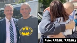 Presidente y director ejecutivo de RFE/RL, Stephen Capus, con Ihar Karnei, y el líder opositor Siarhei Tsikhanousky abrazando a su esposa Svyatlana Tsikhanouskaya.